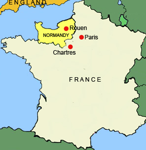 Map of France showing Normandy, the region given to Rollo by Charles the Simple. 